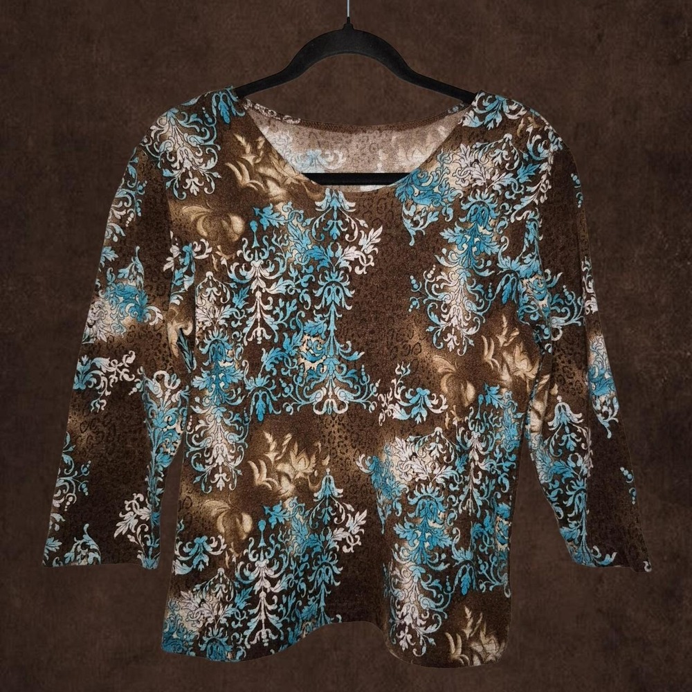 Brown & Blue Floral Damask Leopard Print Top